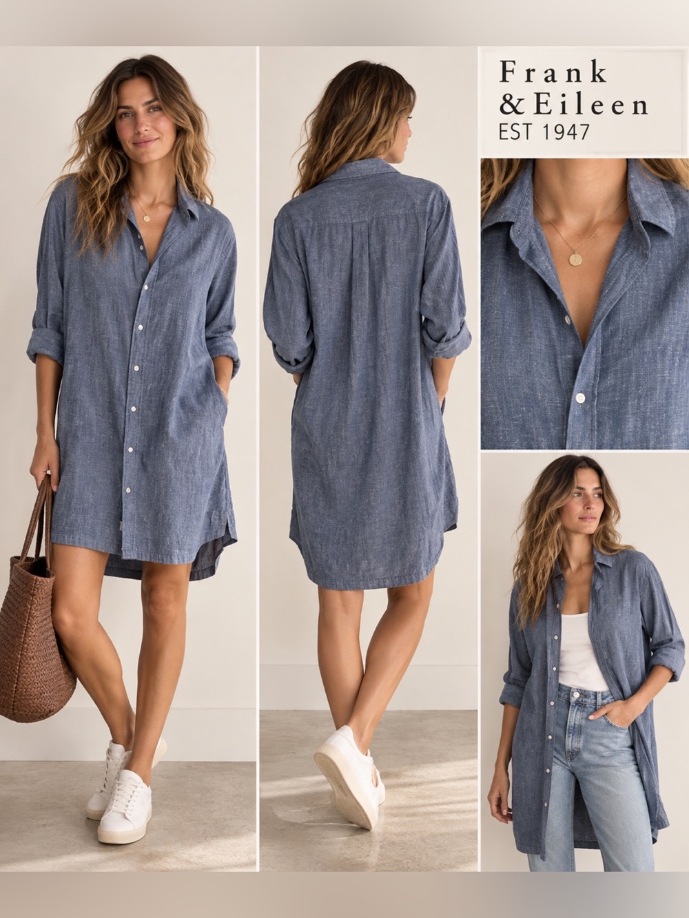 Frank & Eileen Hunter Step Hem Shirtdress Blue Cotton Size S